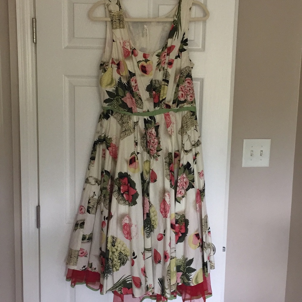 Lapis Floral Dress with Red and Green Accents